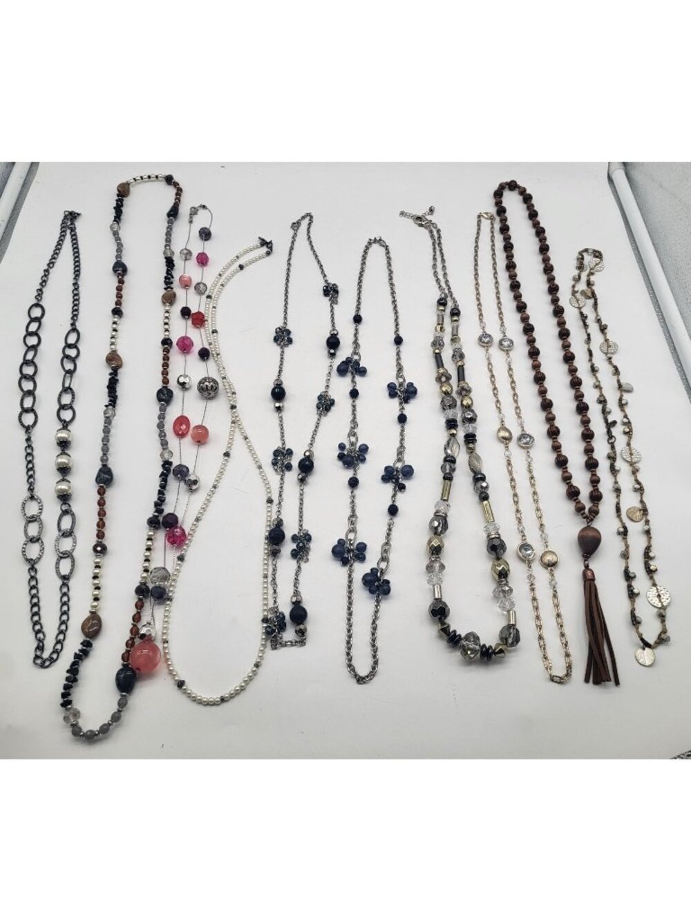 Lot of 10 Long Necklaces Variety Chain, Beaded, Boho Gold and Silver Tone, Wood
